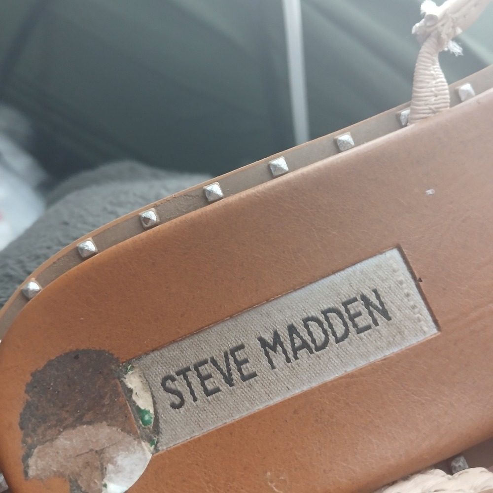 Steve Madden Braided Strappy Sandals 8 Tan Ivory Studded Square Toe Boho Chic - Picture 5 of 9
